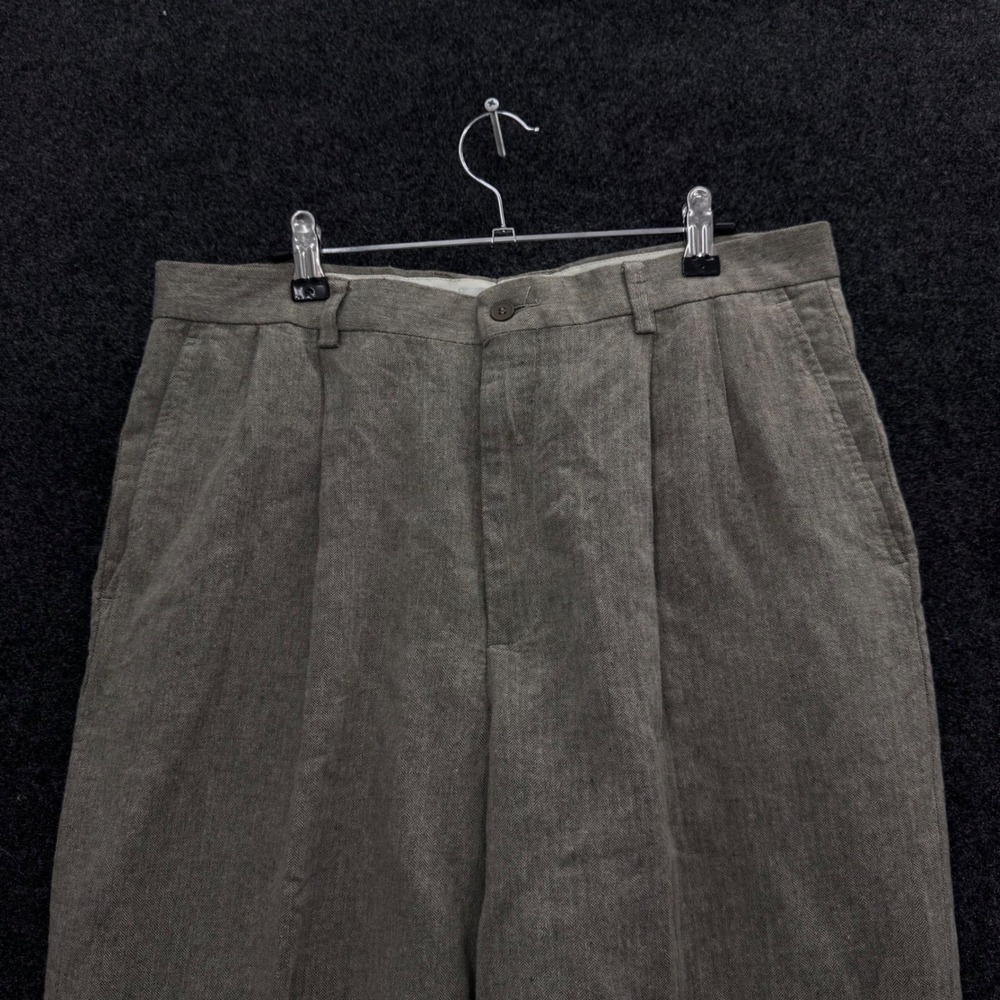 Vintage Claiborne Mens 34x30 Linen Cotton Herringbone Pleated Cuffed Pants Tan